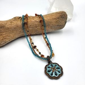 Blue & Orange Multistrand Beaded Pendant Necklace